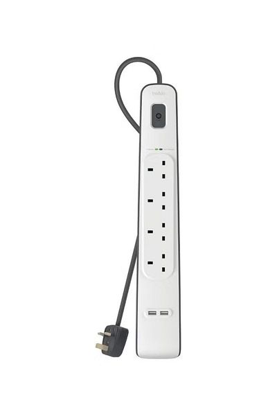 rexa 4-Outlet Surge Protector And 2-USB Ports With 2M Power Cord White 5.4x49.2x14cm