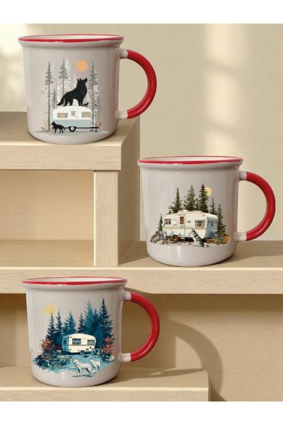 lili hediyelik Wolf and Caravan Printed 3-Piece Ceramic Mouth Red Mug Cup - Home Kitchen Office Workplace Utensil