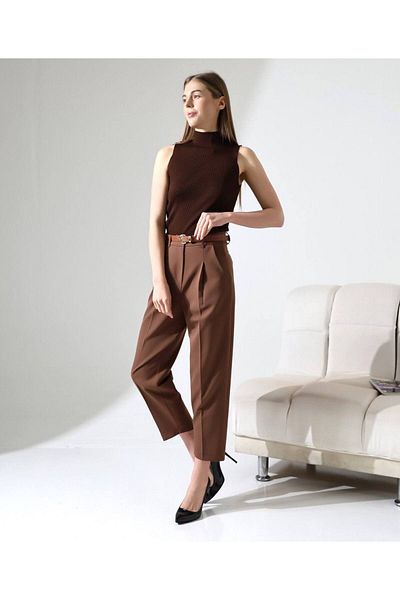 vesantia Women's Brown Belted Carrot Cut Fabric Trousers