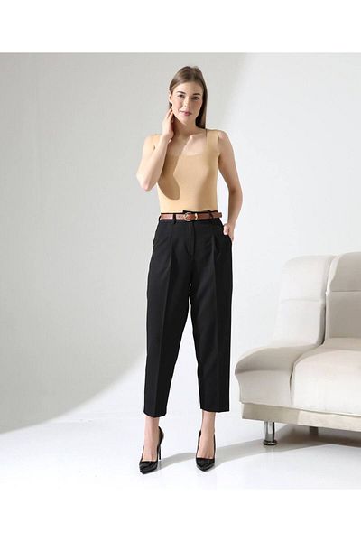 vesantia Women's Black Belted Carrot Cut Fabric Pants