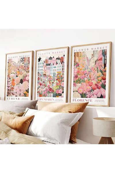 NT Handmade Natural Wood Framed Uv Print 3-Piece Colorful City and Flowers Painting Set – Modern & Stylish Wall Decor