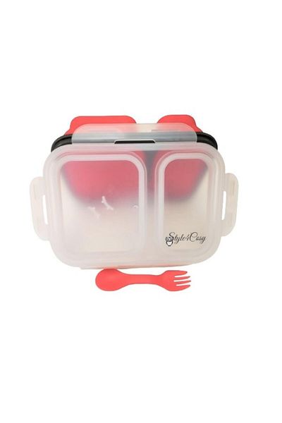 Style4Cosy Caserola pliabila silicon Clip&Close extra-sigilare cu lingura furculita, lungime 21.5 cm, Red Hot