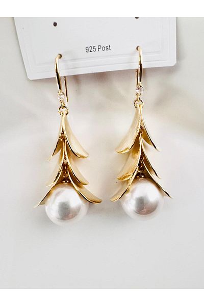 DEVİ fashion Leaf Pearl Earrings with Dangle 6 cm