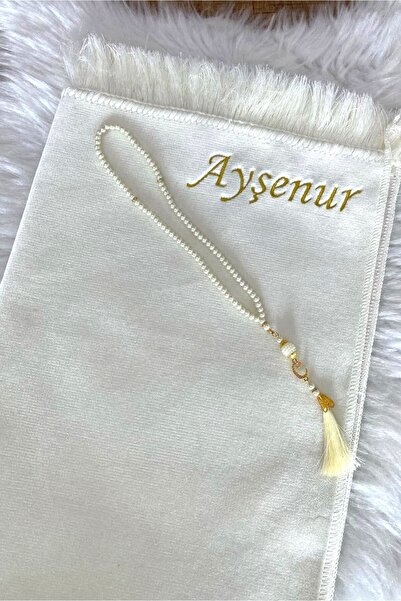 Safa Gift Kişiye Özel İsimli Nakışlı Lüks Kalın Kadife Seccade, Çeyizlik Bohçalık Tesbih Hediyeli Seccade