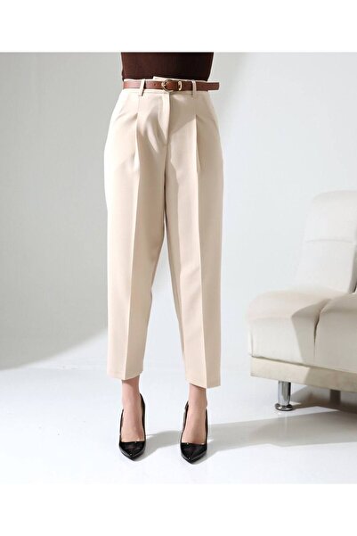 vesantia Women's Cream Belted Carrot Cut Fabric Trousers