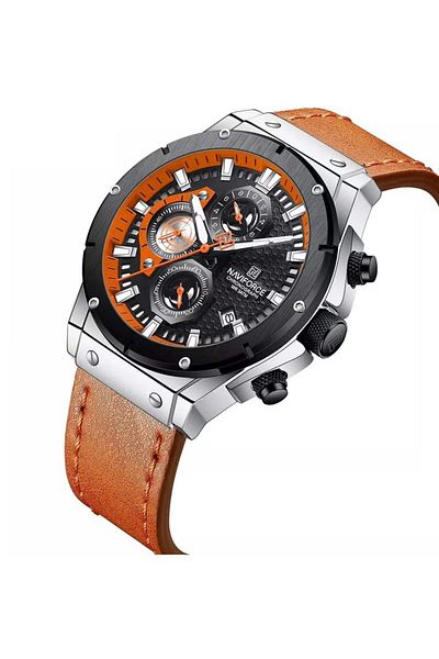 Naviforce Men's Chronograph Sports Watch Black Dial with Orange Accents and Brown Leather Strap Stylish
