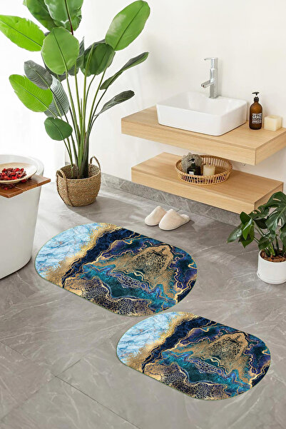 Viyana Home Covoraș de baie oval cu model de marmură, lavabil, cu bază digita...