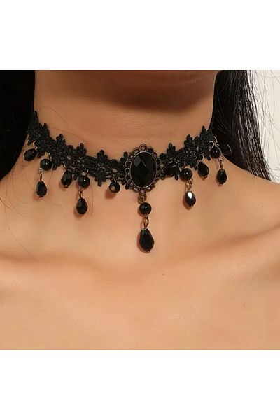 Yıldız Accessory Gothic Punk Black Lace Detailed Black Beaded Adjustable Size Choker Necklace