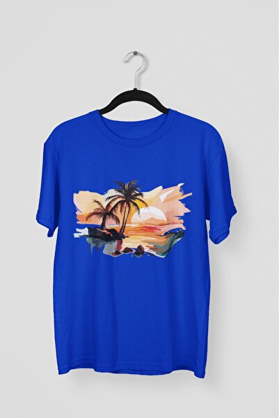 ArtYus TRIOCĂ CU MÂNĂ SCURTĂ CU GÂRĂ ROTUNDĂ, IMPRIMATĂ PALM TREE SEA TRANSFE...