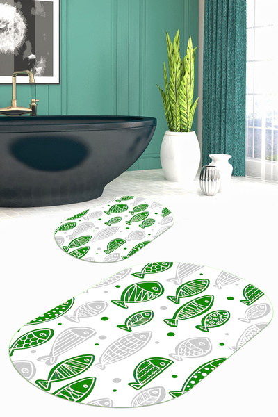 Viyana Home Covoraș de baie oval cu model de pește, lavabil, cu bază anti-alu...