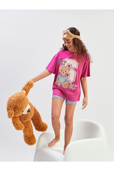 LC Waikiki New Season Crew Neck Bear Teddy Printed Girls' Shorts Pajama Set - S5P585Z4