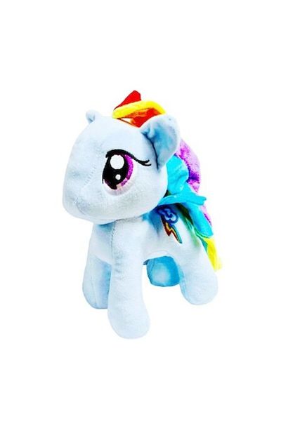 OEM Jucărie muzicală de pluș, Ponei albastru cu aripi și coamă multicoloră, 22 cm