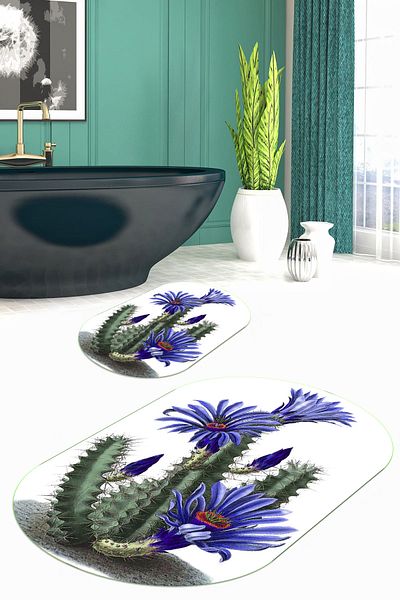 Viyana Home Set de 2 covoare de baie ovale, lavabile, antiderapante, cu model de cactus, O-KLOZET-115-ALBASTRU,