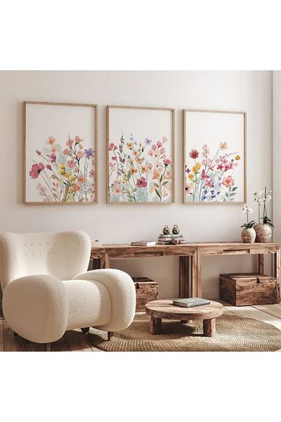 NT Handmade Natural Wooden Framed Uv Printing 3-Piece Colorful Flower Pattern Painting Set – Modern & Stylish Wall Decor