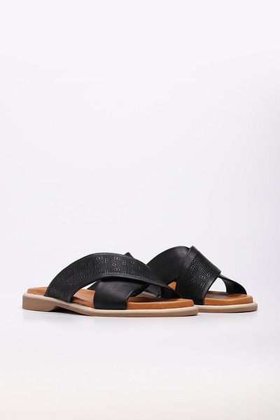 Ayakkabıhane Inside and Outside Genuine Leather Black Cross Women's Flat Slippers Ah089722611306