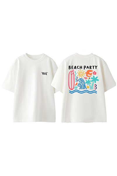 THEWERT Tricou oversize alb din bumbac cu imprimeu pe spate design Beach Party