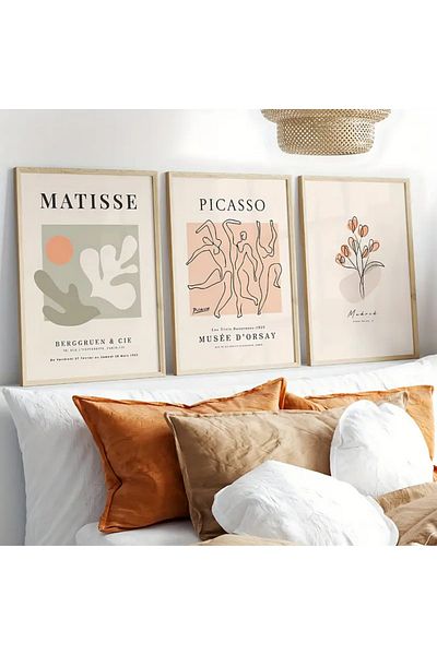 NT Handmade Uv Print Set of 3 Matisse and Picasso Paintings with Natural Wood Frame – Modern & Stylish Wall Decor