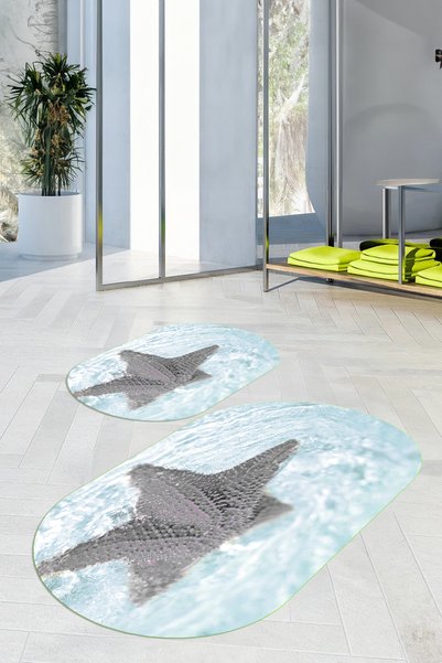 Viyana Home 3D Printed Non-Slip Base Washable Oval Bath Mat Set of 2 Toilet Seat Covers