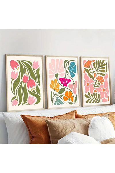 NT Handmade Natural Wood Framed Uv Print 3-Piece Colorful Abstract Pattern Painting Set – Modern & Stylish Wall Decor