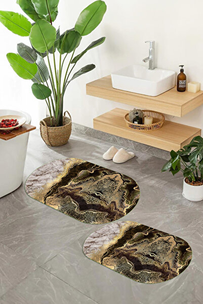 Viyana Home Covoraș de baie oval cu model de marmură, lavabil, cu bază digita...