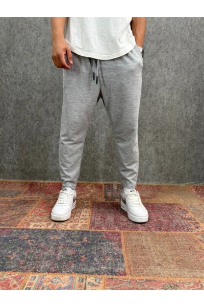 FıttingRoom بنطلون رمادي مطوي من قماش الوافل مع خصر مطاطي