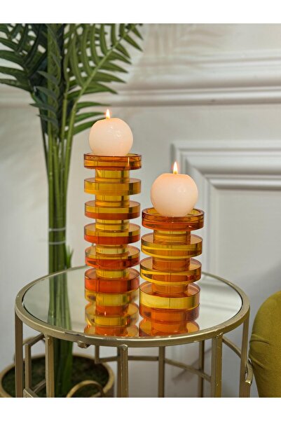 TASARIMHMODA İkili Kristal Galata Mumluk Set - Turuncu