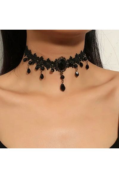 Yıldız Accessory Gothic Punk Black Lace Detailed Black Beaded Adjustable Size Choker Necklace