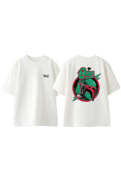 THEWERT Tricou oversize alb din bumbac cu imprimeu pe spate Boba Fett