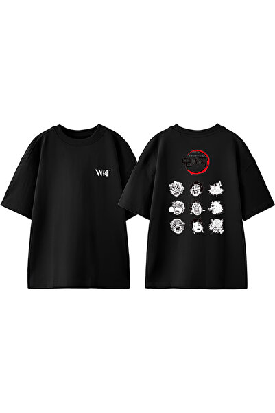 THEWERT Tricou oversize negru din bumbac imprimat pe spate Demon Slayer Faces...