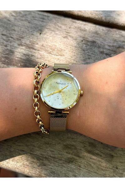 Ferrucci Gold Colored Simple Stylish Wicked Steel Cord Waterproof Women's Watch