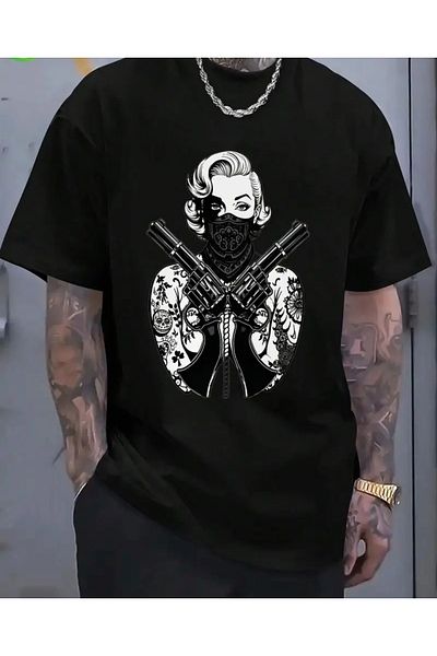 qubo sportswear & company Tricou negru cu mânecă scurtă, unisex, din bumbac, cu imprimeu supradimensionat