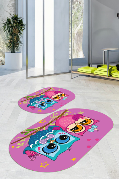 Viyana Home Covoraș de baie oval cu model de bufniță, lavabil, cu bază anti-a...