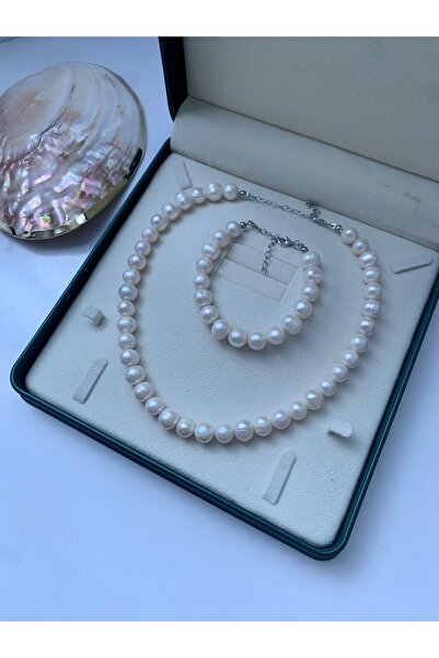 JOVİ ATELİER 925 Ayar Gümüş Doğal 10mm Inci Kolye Bileklik Set Gelin Düğün Nişan Set