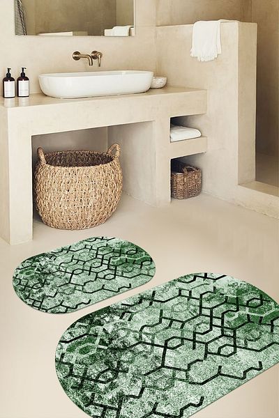 Viyana Home Ψηφιακή τυπωμένη αντιολισθητική βάση που πλένεται οβάλ χαλάκι μπάνιου 2 τεμαχίων σετ τουαλέτας, O-KLOZET-144-GREEN,