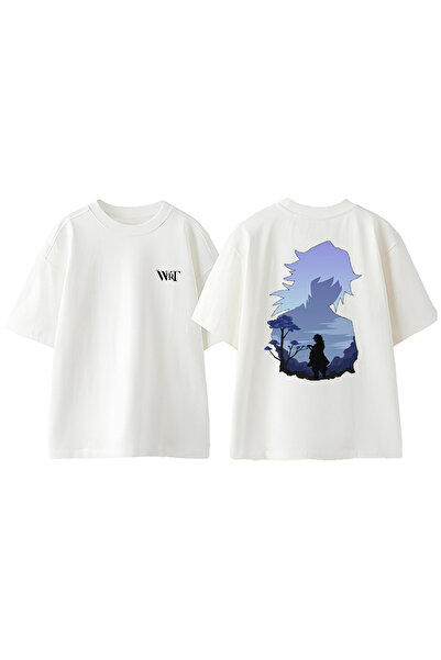 THEWERT Tricou oversize alb din bumbac cu imprimeu pe spate Demon Slayer Geyu...