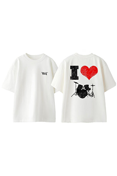 THEWERT Tricou oversize alb din bumbac cu imprimare pe spate Bateri Drum Müzik 3 Design