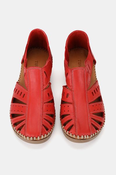 TUNAELLİ Women's Red Khaki Leather 35-41-42 Number Strapped Flat Wedge Heels Side Open Sandals