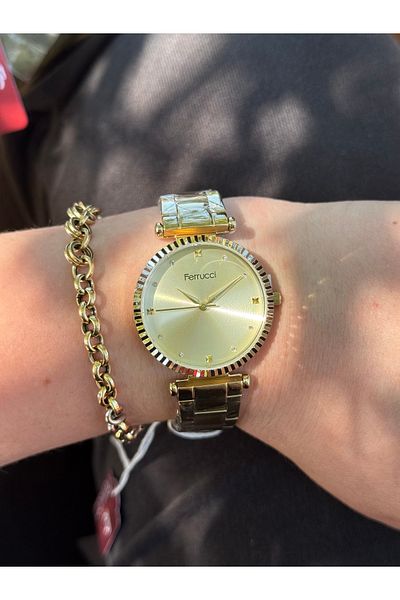 Ferrucci Gold Colored Simple Stylish Stone Look Waterproof Women's Watch with Steel Cord