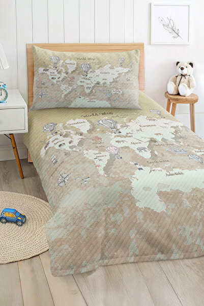 Realhomes Dünya Haritası ve Balon Desenli Bej Erkek Çocuk ve Genç Tek Kişilik...