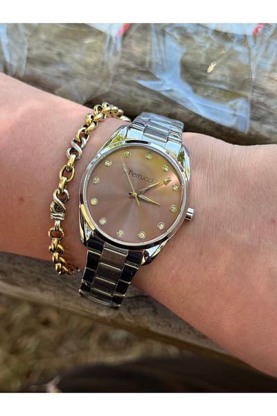 Ferrucci Silver Color Dry Rose Dial Stone Stylish Steel Cord Waterproof Women's Watch