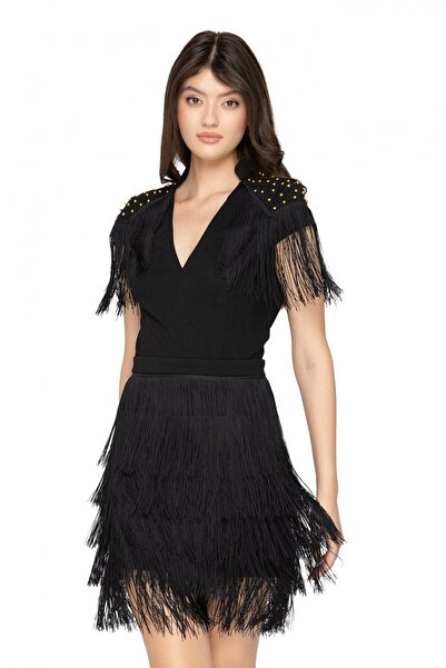 Atmosphere Fashion Rochie scurtă neagră cu franjuri