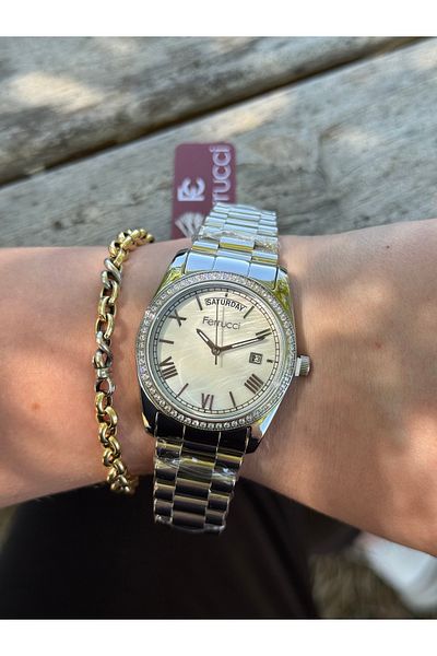 Ferrucci Silver Color Roman Numbers Dial Stone Stylish Steel Cord Waterproof Women's Watch