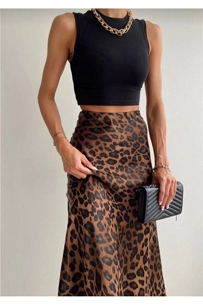 MİSPİER Καλοκαιρινή Leopard/Μαύρη σατέν φούστα μεσαίου μήκους