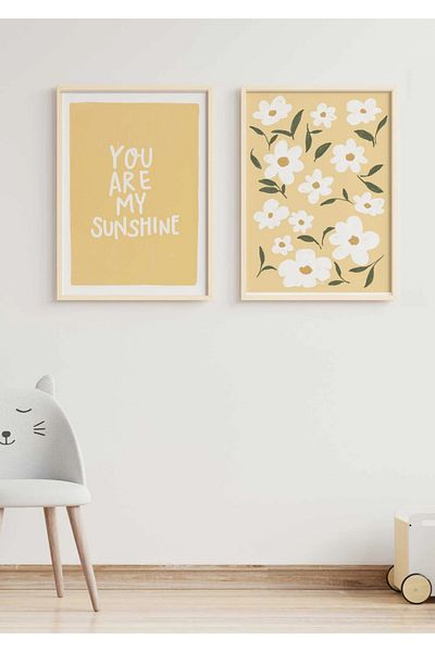 NT Handmade Natural Wood Framed Uv Printing Set of 2 Yellow Flower Pattern Paintings – Modern & Stylish Wall Decor