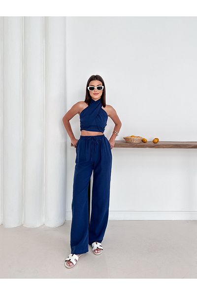 OTAKU Women's Summer Navy Blue Double Breasted Bustier and Casual Pants Two Piece Set