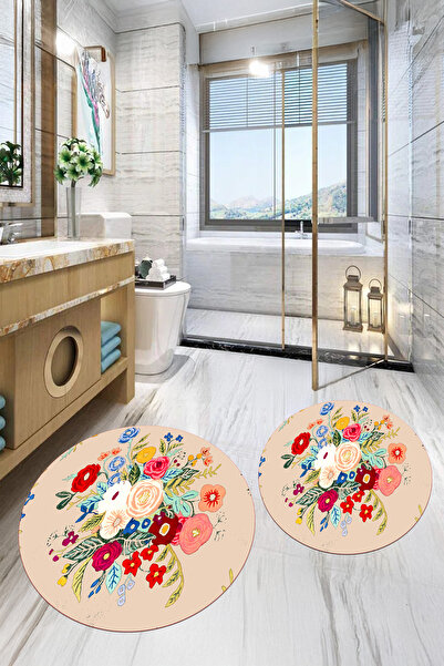 Viyana Home مجموعة سجادة حمام مستديرة بنمط زهور قابلة للغسل رقميًا مكونة من ق...