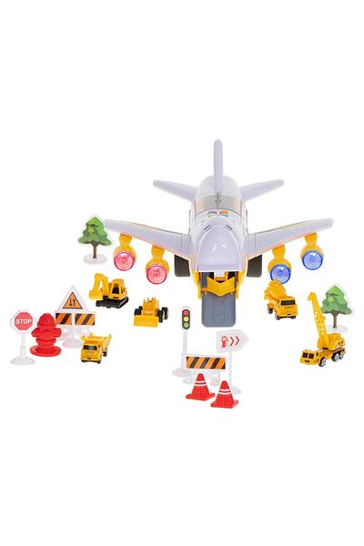 Glow Goods Interactive Toy Airplane Set with 6 Vehicles and Traffic Signs, Construction Transport Car, Sound an