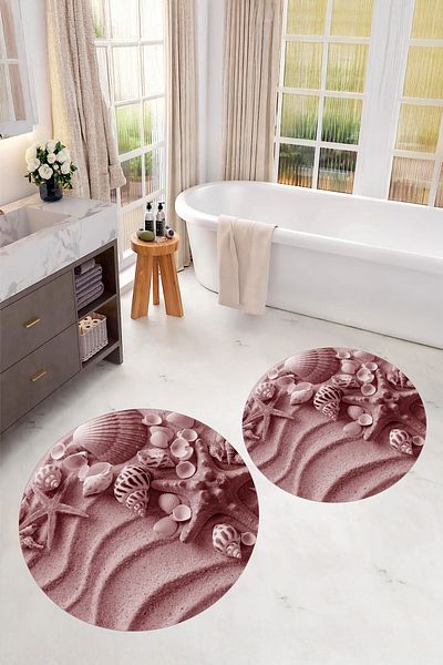 Viyana Home Ψηφιακή τυπωμένη 3D αντιολισθητική στρογγυλή πατάκι μπάνιου 2 τεμαχίων σετ τουαλέτας, Y-KLOZET-123-BORDO,