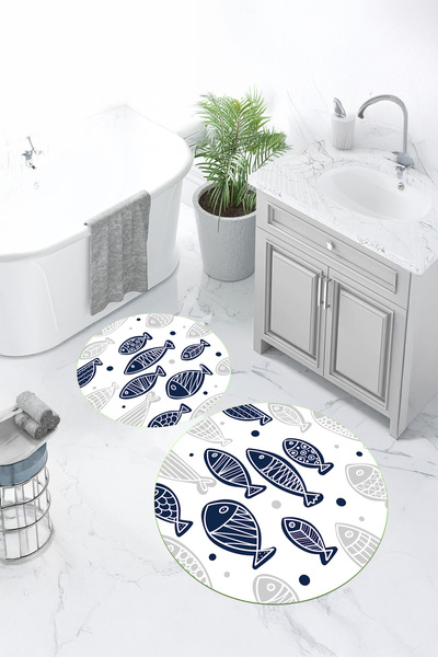 Viyana Home Covoraș de baie rotund cu model de pește, lavabil, cu bază anti-a...