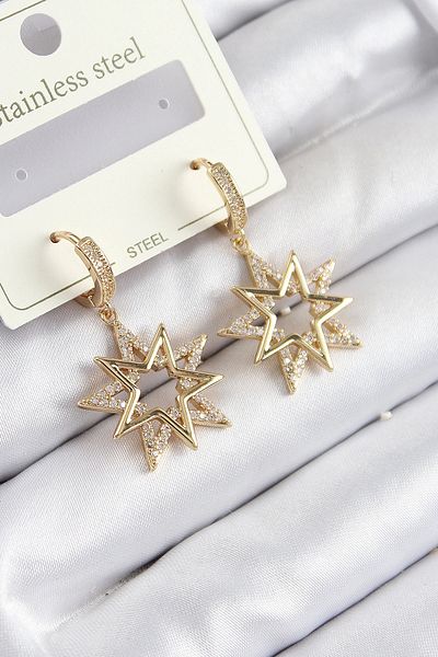Clariss 316L Steel Zircon Stone Dangle Star Model Gold Color Women's Earrings